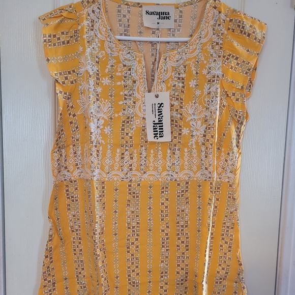 Savanna Jane Tops - Savanna Jane Yellow and White Sleeveless Top With White Lace Embelishment